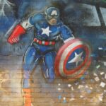 man in blue and red suit holding red and blue shield